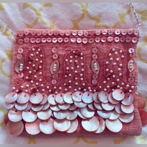 MOYNA, Pink crossbody, beaded with shells, satin, Personal collection, vintage